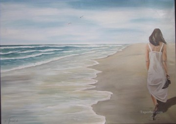 woman walk at beach watermark Oil Paintings